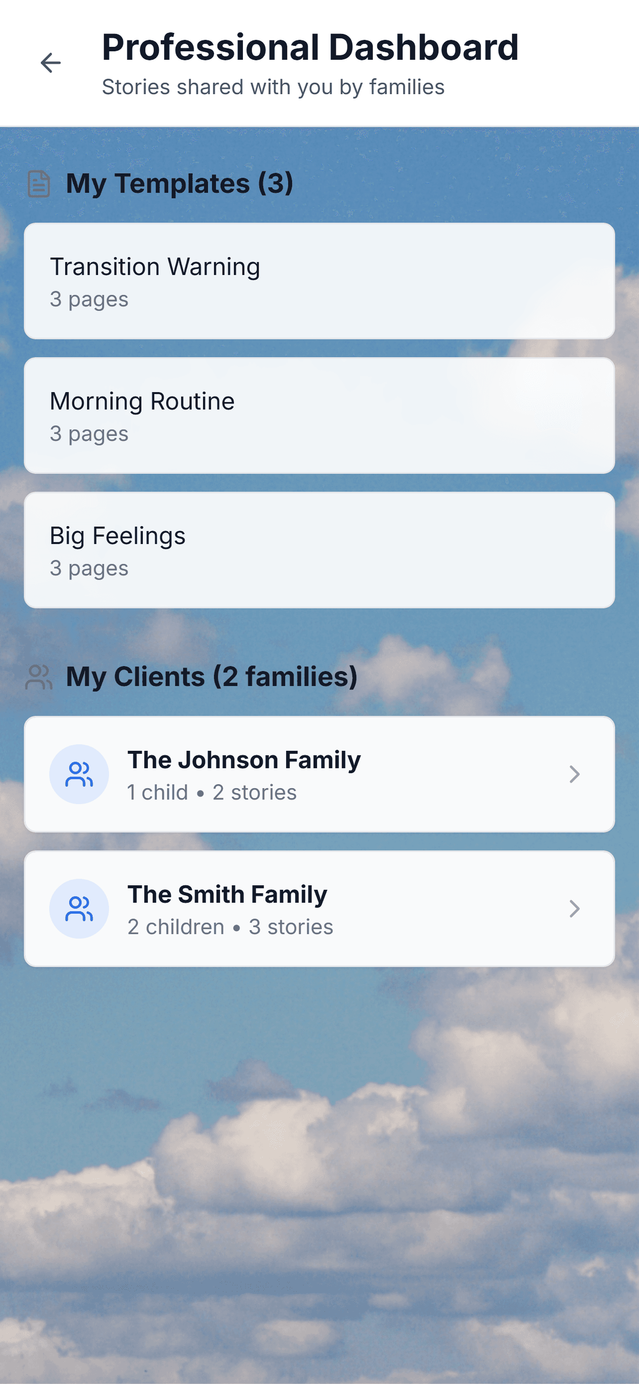 StoryPath professional dashboard on phone showing templates and connected families